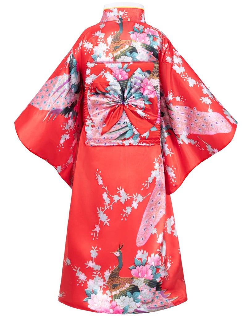 Elibelle Japanese Traditional Dress Kimono Robe for Kids Girls Costume Silk Folding Fans hairstick Set(Red130cm) - Image 5