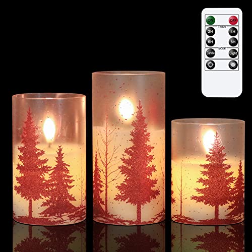 Wondise Glass Flameless Candles with Remote and Timer Battery Operated Pine Tree Decals Pillar Candles for Home Decoration Set of 3D3 x H456 Inch - Image 1