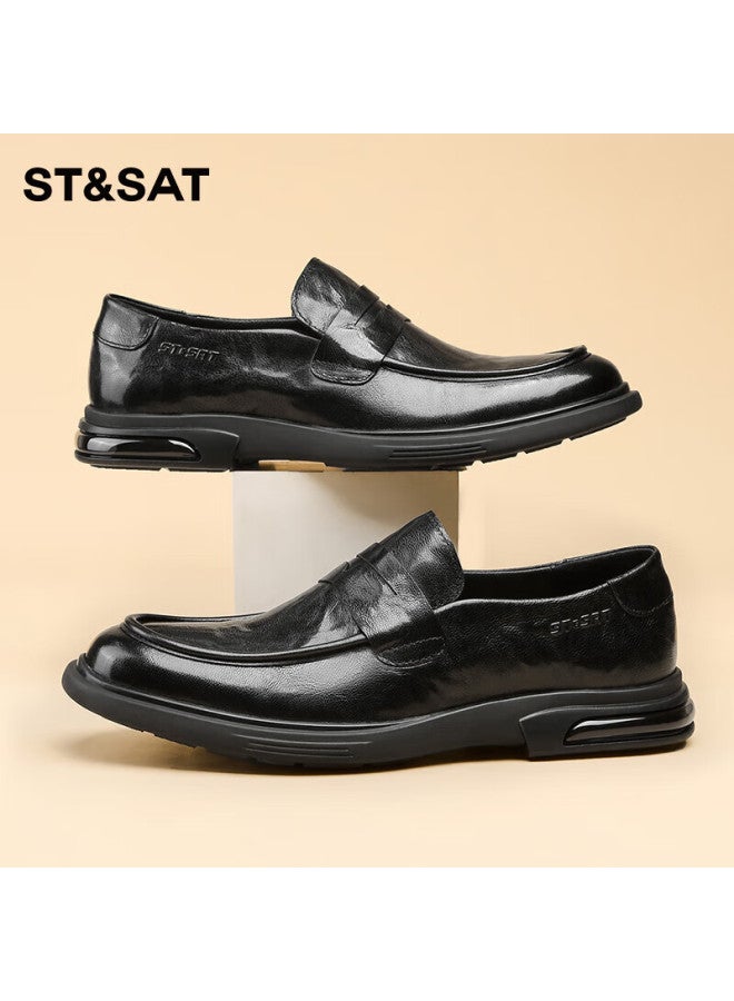 St&Sat Saay Men's Shoes, Top-grain Leather, Formal Business Dress Shoes, Versatile Slip-on Casual Leather Shoes For Men, Black, Size 40 - Image 2