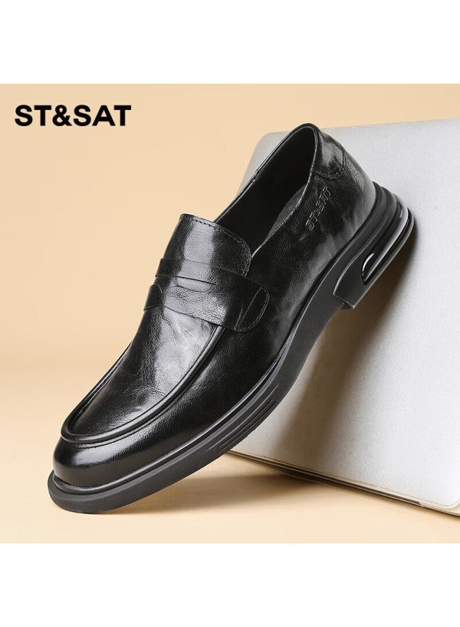 St&Sat Saay Men's Shoes, Top-grain Leather, Formal Business Dress Shoes, Versatile Slip-on Casual Leather Shoes For Men, Black, Size 40 - Image 1