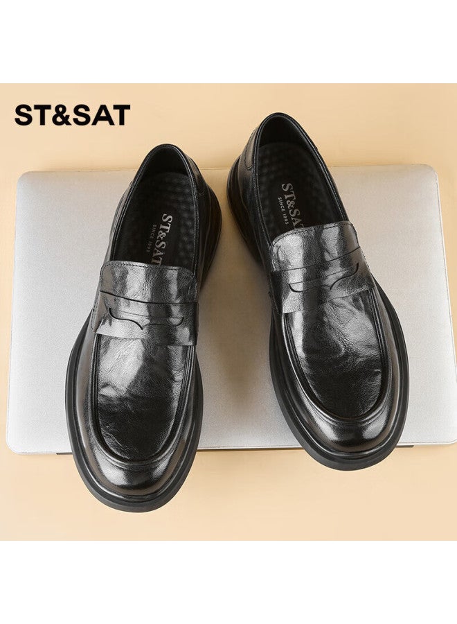 St&Sat Saay Men's Shoes, Top-grain Leather, Formal Business Dress Shoes, Versatile Slip-on Casual Leather Shoes For Men, Black, Size 40 - Image 5