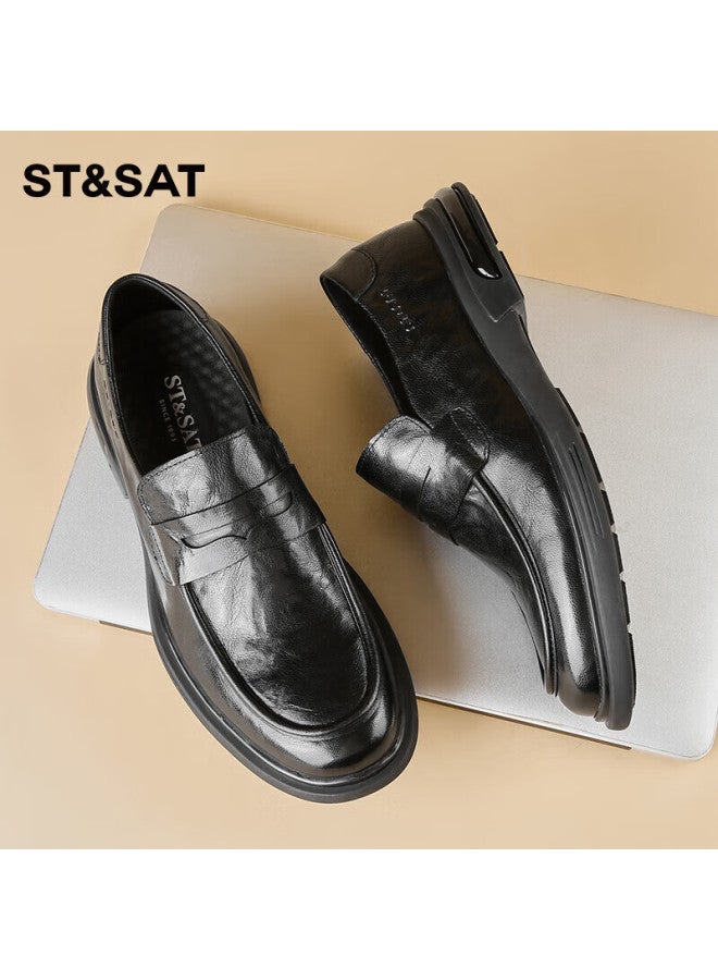 St&Sat Saay Men's Shoes, Top-grain Leather, Formal Business Dress Shoes, Versatile Slip-on Casual Leather Shoes For Men, Black, Size 40 - Image 4