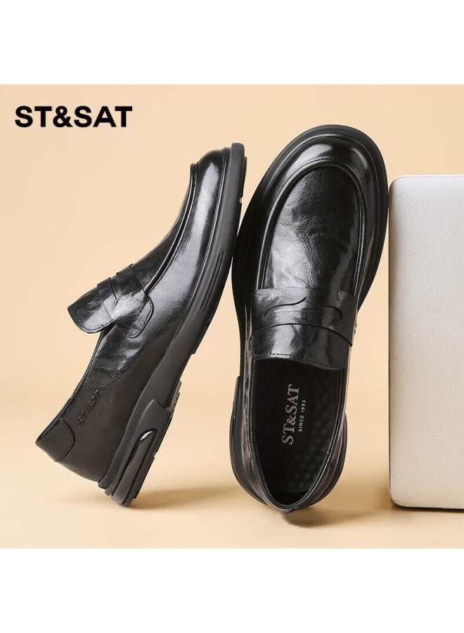 St&Sat Saay Men's Shoes, Top-grain Leather, Formal Business Dress Shoes, Versatile Slip-on Casual Leather Shoes For Men, Black, Size 40 - Image 3