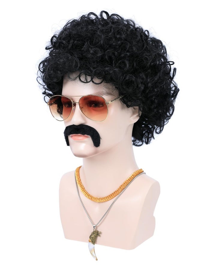 6pcs Set, 70s 80s Disco Wig with Mustache Glasses, Artificial Wolf Necklace Gold Chain, Short Curly Synthetic Hair Afro Men's Wig for 60s Rocker Hippies Costume Cosplay Party (Black) - Image 2