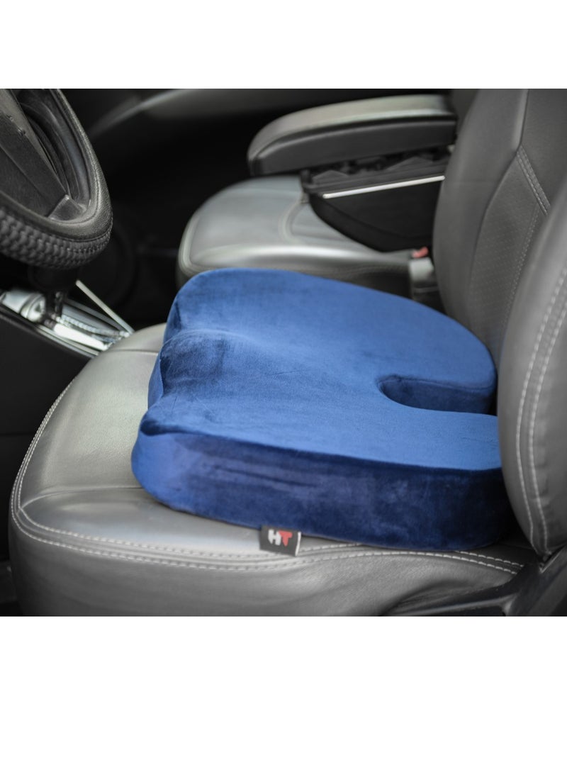 A medical seat to treat fistula pain, sciatica, and a herniated disc - compatible with all chairs - and relieves coccyx pain, navy blue