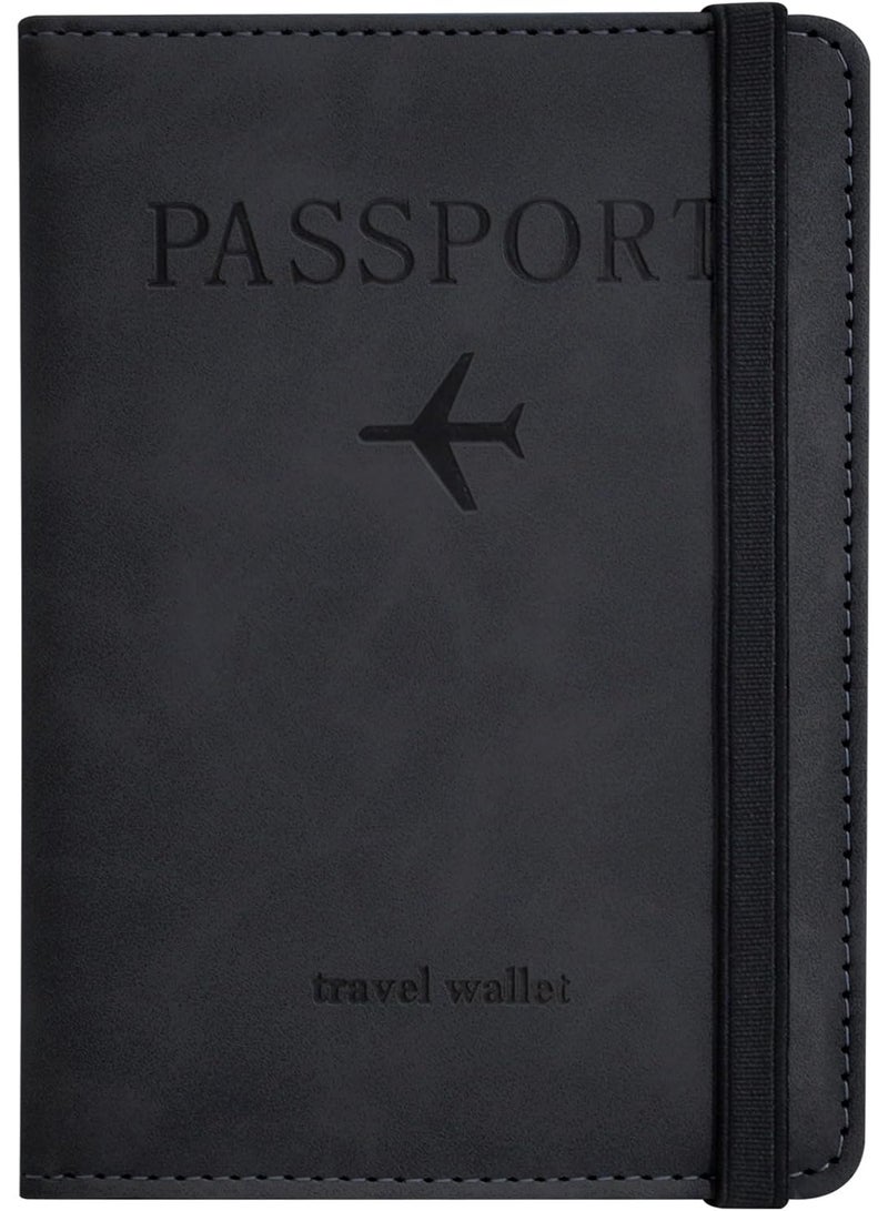 حافظة جواز سفر للسفر مع حزام مرن، واقي منظم مستندات من جلد PU يحجب RFID، لبطاقات الائتمان وبطاقات الهوية، وبطاقات الصعود إلى الطائرة (أسود) - Image 1