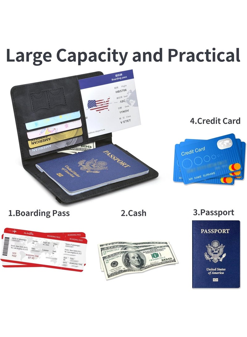 حافظة جواز سفر للسفر مع حزام مرن، واقي منظم مستندات من جلد PU يحجب RFID، لبطاقات الائتمان وبطاقات الهوية، وبطاقات الصعود إلى الطائرة (أسود) - Image 2