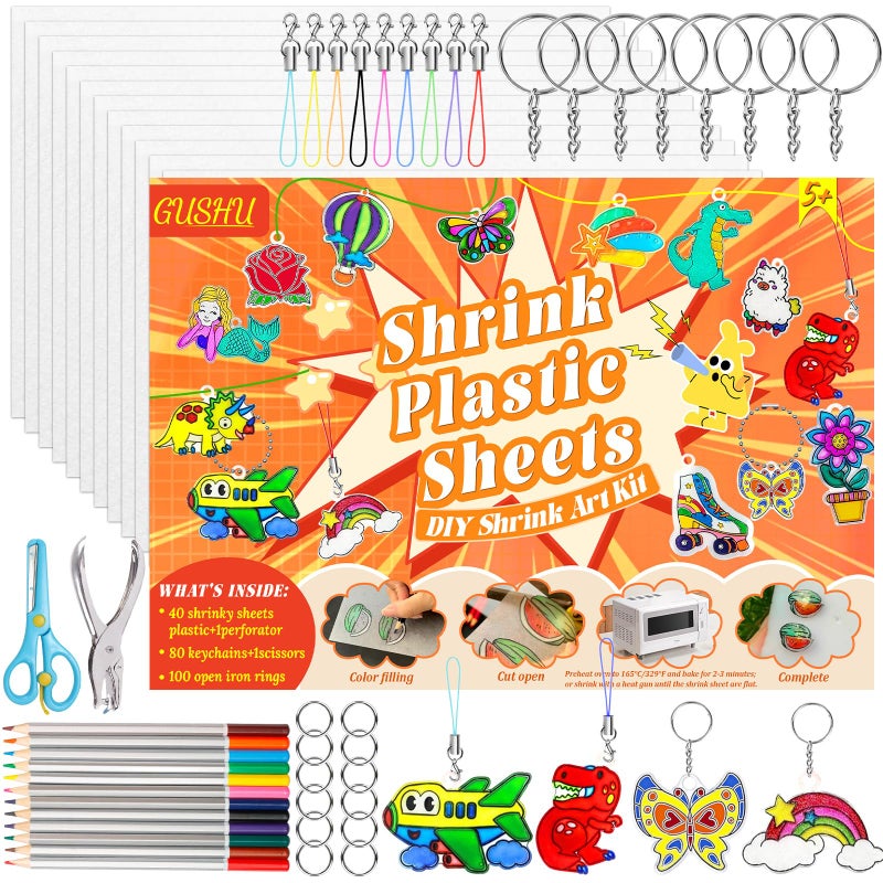 Gushu Shrinky Plastic Sheets Keychain Kit 235Pcs Shrinky Paper Kit Including 40 Pcs Shrink Plastic Sheets Hole Punch Pencils Keychains Scissors for Making Crafts and Keychains - Image 2