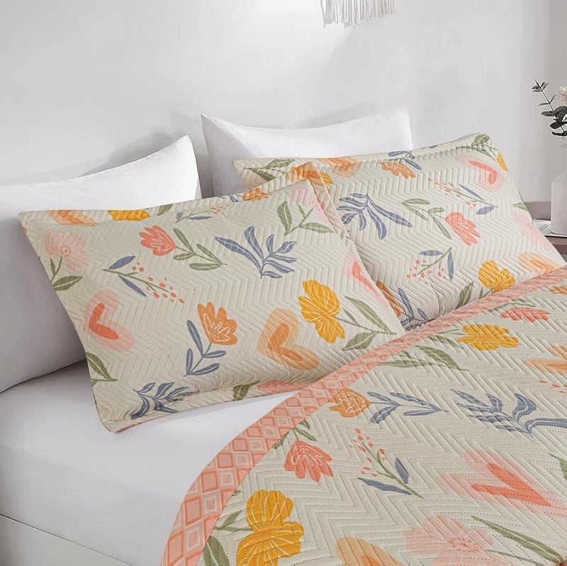 BSB HOME 100% Cotton Quilted/Ultrasonic 280 Tc Printed King Size Bed Cover/Bedsheet/Bedspread Comforter with 2 Pillow Shams/Cover, (Luxurious, 90 x100 inches, Floral White & Pink) - Image 1