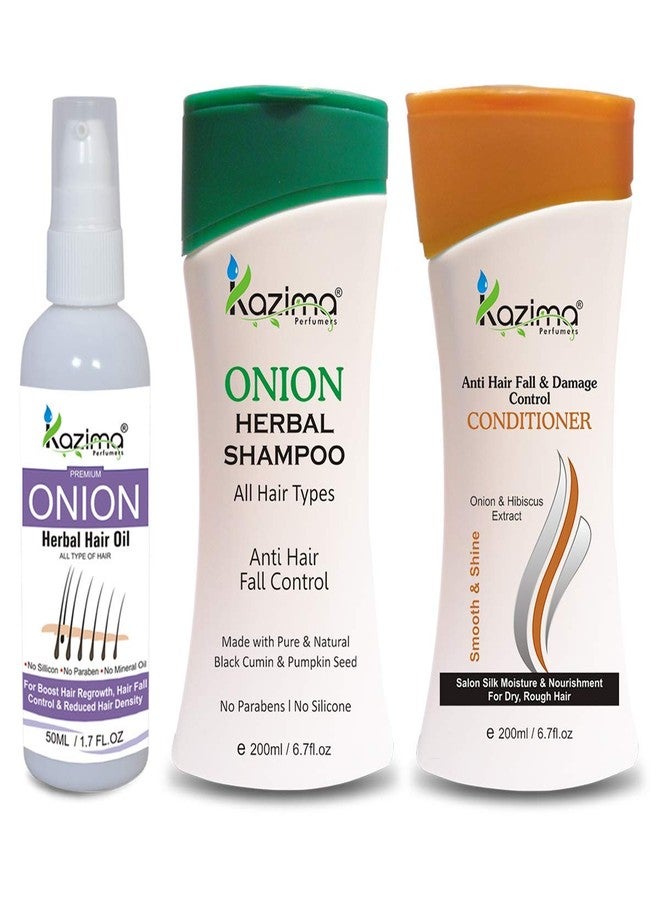 KAZIMA Combo of Onion Herbal Hair Oil 50 ml, Onion Herbal Shampoo & Anti Hair Fall & Damage Control Conditioner, 200 ml (Pack of 3) - Image 2