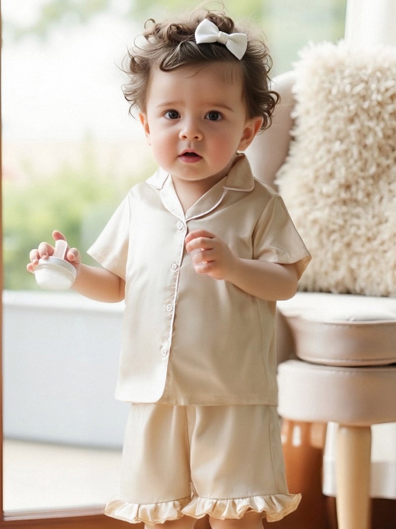Toddler Baby Girl Summer Pajamas Set Button Down Lapel V Neck Short Sleeve Tops& Ruffled Shorts Solid Lounge Wear 2 Pcs Set - Image 5