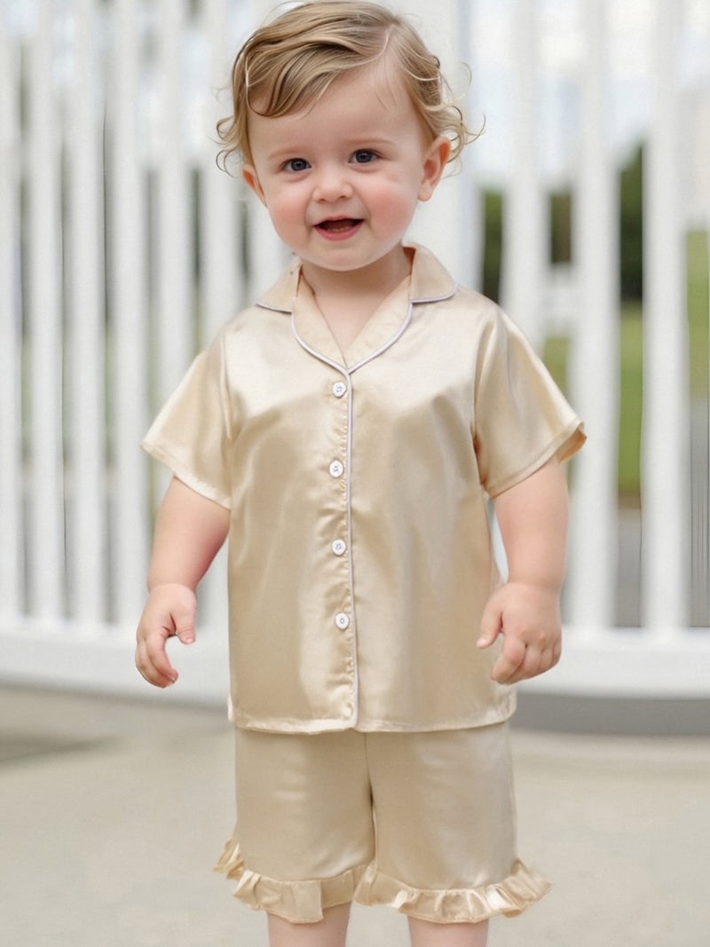 Toddler Baby Girl Summer Pajamas Set Button Down Lapel V Neck Short Sleeve Tops& Ruffled Shorts Solid Lounge Wear 2 Pcs Set - Image 2
