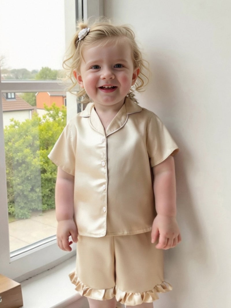 Toddler Baby Girl Summer Pajamas Set Button Down Lapel V Neck Short Sleeve Tops& Ruffled Shorts Solid Lounge Wear 2 Pcs Set - Image 4