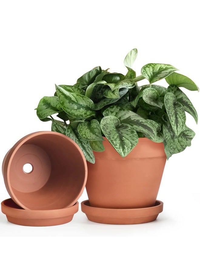 INGOFIN Terracotta Pots Set with Saucer - 2-Pack Ceramic Clay Planters with Drainage Hole, Garden Flower Succulent Pots with Tray for Indoor Outdoor Plants, 8 inch, Set of 2 - Image 1