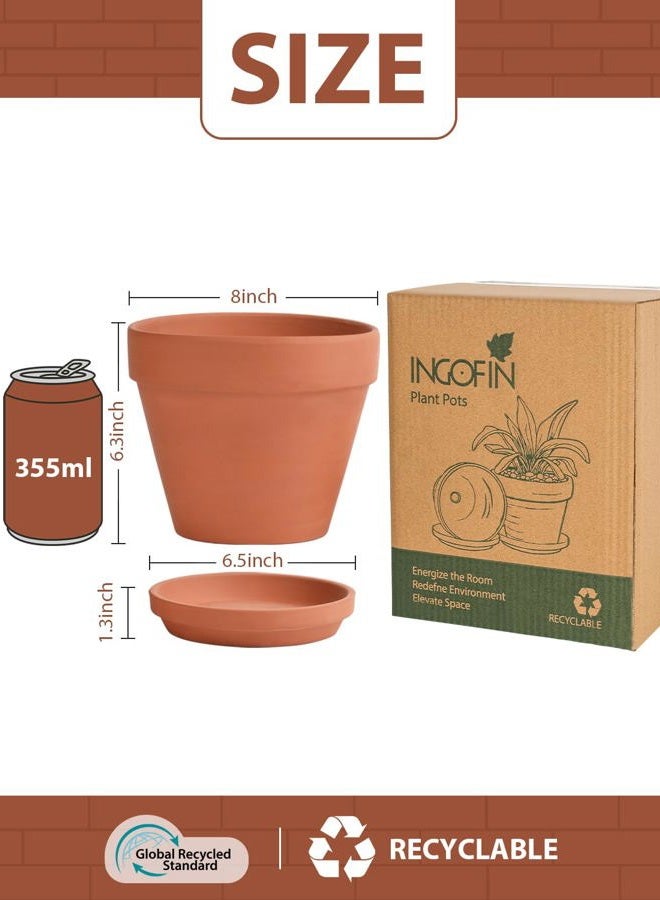 INGOFIN Terracotta Pots Set with Saucer - 2-Pack Ceramic Clay Planters with Drainage Hole, Garden Flower Succulent Pots with Tray for Indoor Outdoor Plants, 8 inch, Set of 2 - Image 2
