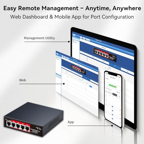 STEAMEMO 5 Port PoE+ Switch | Easy Smart Managed Ethernet Switch | Support VLAN, QoS | 52W Total PoE Budget | Fanless Metal | Plug & Play (Desktop/Wall Mount) - Image 4