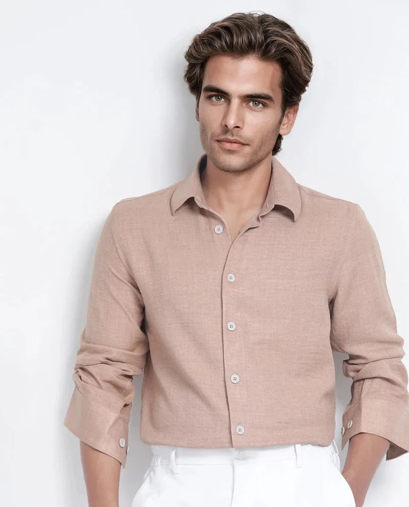 Rare Rabbit Rare Rabbit Men's Nert Dark Beige Cotton Fabric Full Sleeve Collared Neck Button Closure Plain Shirt