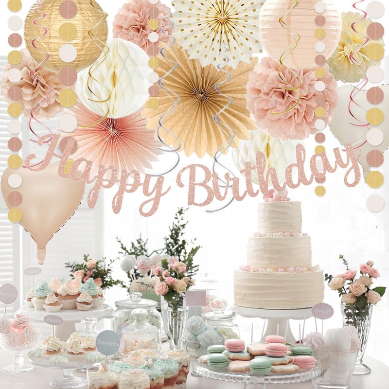 Vztipki Boho-Pink Birthday Decorations, Happy Banner, Women Paper Lanterns Honeycomb, One Sweet Peach Streamers Garland, Retro Blush Pink Beige Metallic Gold Balloon for Birthdays Party DÃ©cor - Image 5