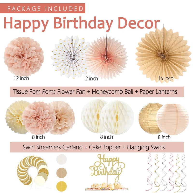 Vztipki Boho-Pink Birthday Decorations, Happy Banner, Women Paper Lanterns Honeycomb, One Sweet Peach Streamers Garland, Retro Blush Pink Beige Metallic Gold Balloon for Birthdays Party DÃ©cor - Image 3