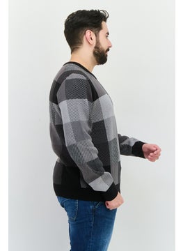 PERRY ELLIS Men Crew Neck Checkered Sweater, Black  - Image 2
