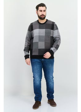 PERRY ELLIS Men Crew Neck Checkered Sweater, Black  - Image 4