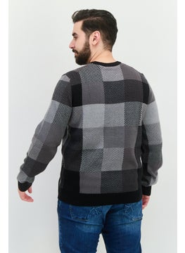 PERRY ELLIS Men Crew Neck Checkered Sweater, Black  - Image 3