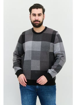 PERRY ELLIS Men Crew Neck Checkered Sweater, Black  - Image 1