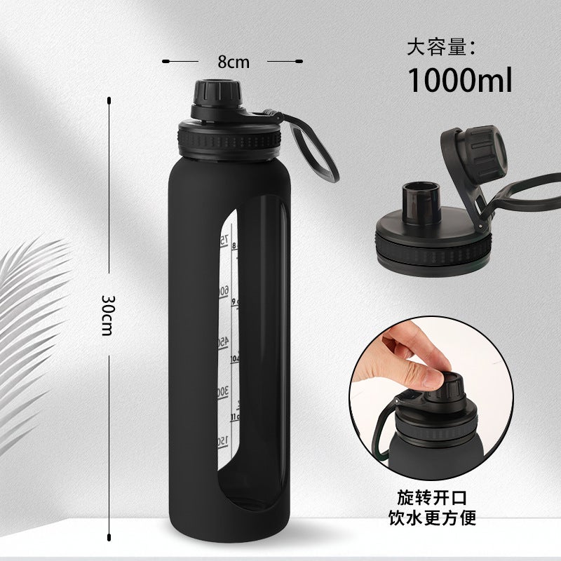 Borosilicate Glass Water Bottle 1L with Scale Silicone Sleeve Heat Resistant Portable Sports Bottle - Image 5