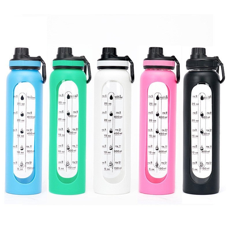 Borosilicate Glass Water Bottle 1L with Scale Silicone Sleeve Heat Resistant Portable Sports Bottle - Image 3