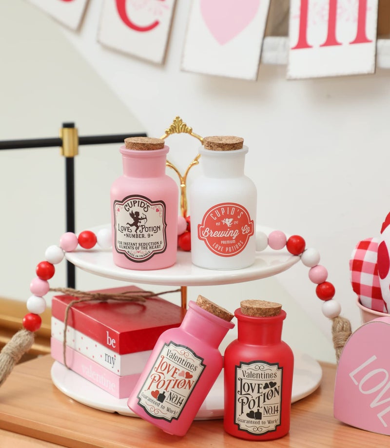 KORMMCO Love Potion Bottle, Valentines Day Tiered Tray Decor, 4 Potion Bottles with 6Pcs Label Stickers for Wedding Anniversary - Image 2