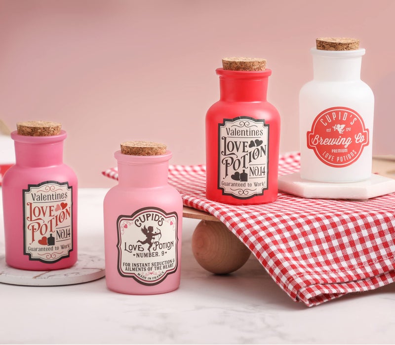 KORMMCO Love Potion Bottle, Valentines Day Tiered Tray Decor, 4 Potion Bottles with 6Pcs Label Stickers for Wedding Anniversary - Image 1