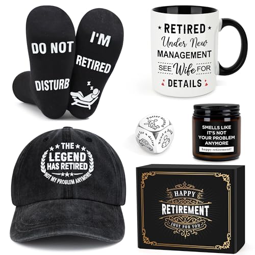 Launrada Retirement Gifts for Men 2026 Retired Gifts for Men Happy Retirement Decorations for Man The Legend has Retired Gift Ideas for Man Includes Mug Hat Candle Socks Dice - Image 1