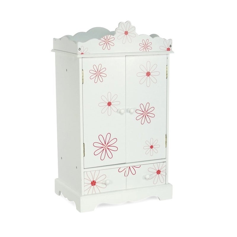 Emily Rose Doll Clothes 18 Inch Doll Pink White Wooden Storage Closet with 5 Clothing Hangers Drawer l Bedroom Armoire Furniture Playset Floral USA Business