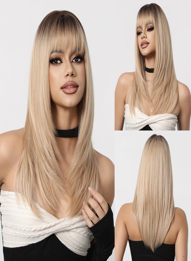 Allbell Ombre Blonde Wig for Women,Long Straight Synthetic Hair Wig with Bangs for White Women 20 Inches - Image 2