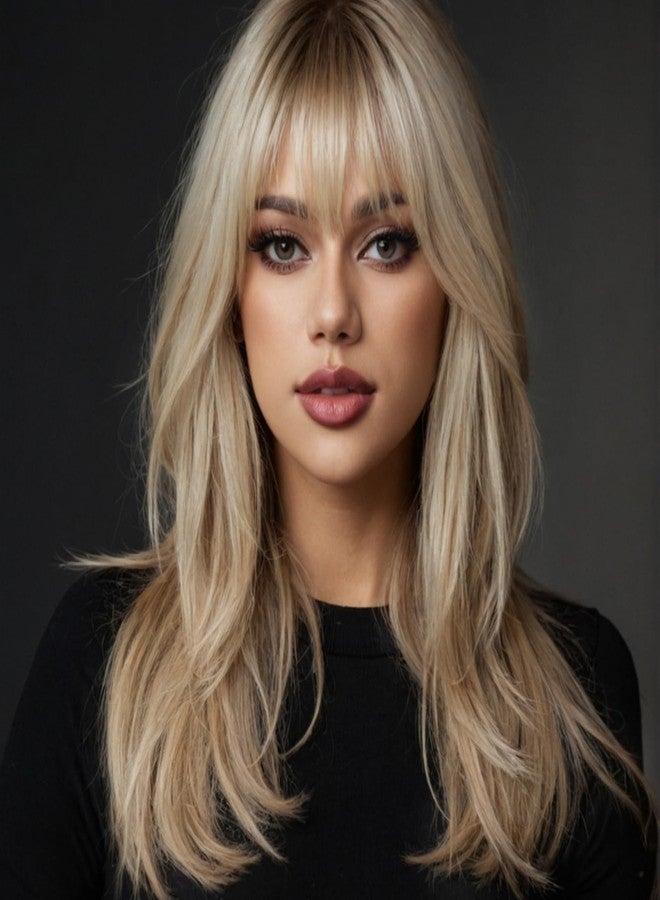 Allbell Ombre Blonde Wig for Women,Long Straight Synthetic Hair Wig with Bangs for White Women 20 Inches - Image 1