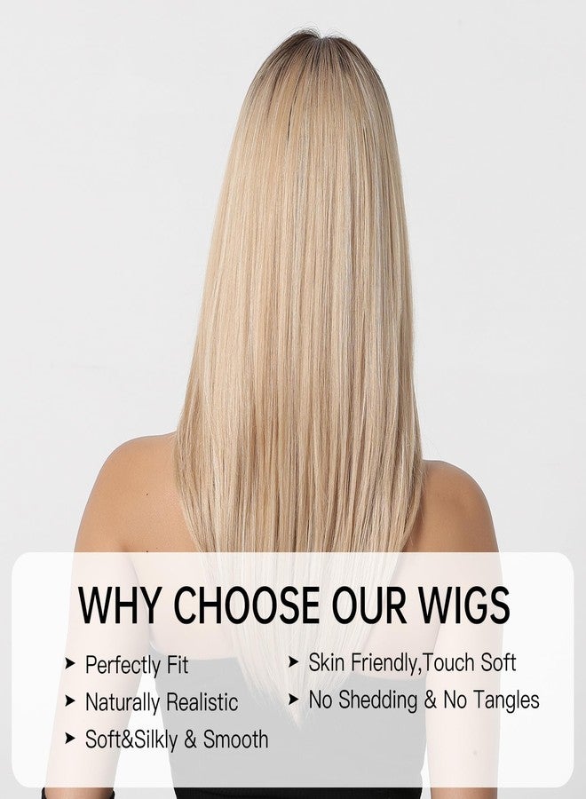 Allbell Ombre Blonde Wig for Women,Long Straight Synthetic Hair Wig with Bangs for White Women 20 Inches - Image 4