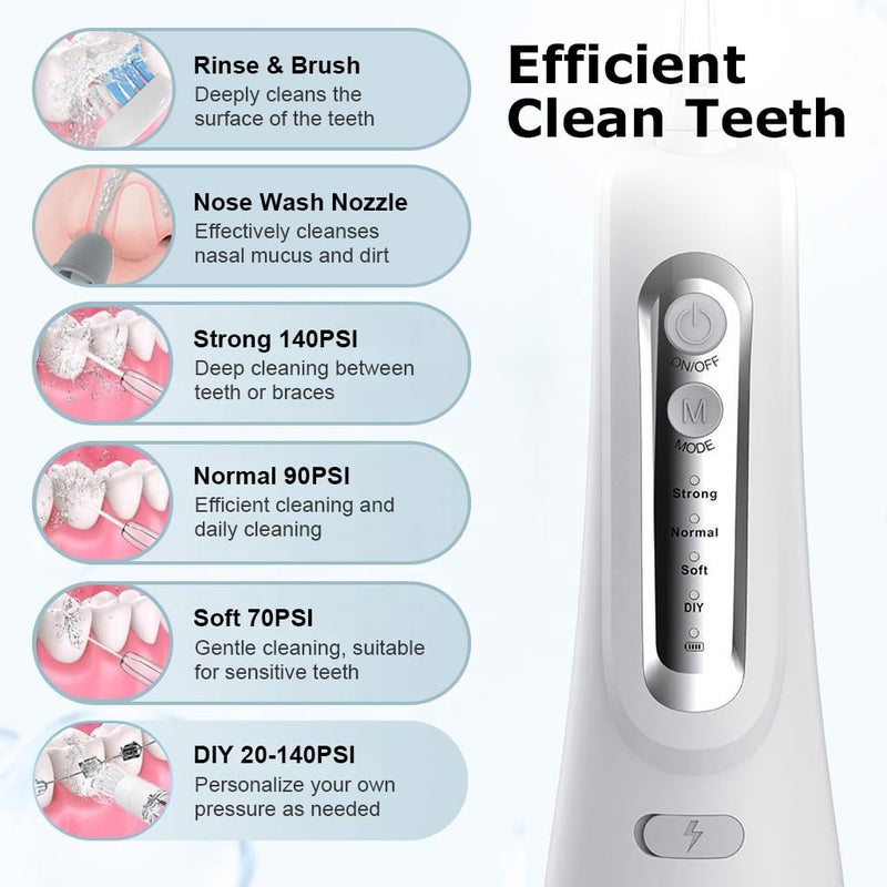 HANNEA® Water Dental Flosser for Teeth with 300ml Detachable Watertank, 4 Modes & 6 Nozzles, IPX7 Waterproof Oral Irrigator Rechargeable Cordless Water Floss Home Travel Dental Flosser Machine - Image 4