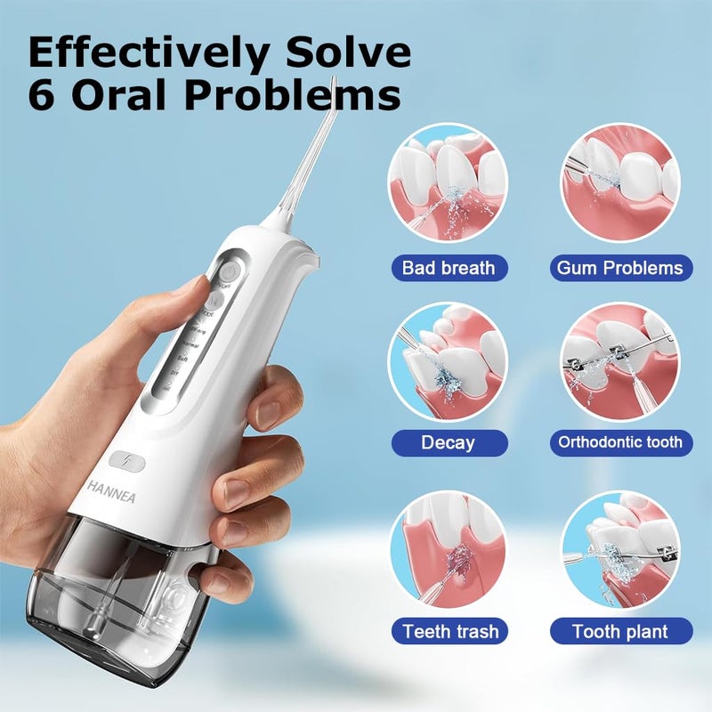 HANNEA® Water Dental Flosser for Teeth with 300ml Detachable Watertank, 4 Modes & 6 Nozzles, IPX7 Waterproof Oral Irrigator Rechargeable Cordless Water Floss Home Travel Dental Flosser Machine - Image 2
