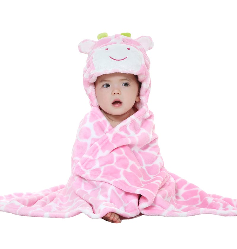 TONWHAR 0-4 Years Toddlers' And Kids' Boys Girls Animal Face Hooded Blanket Baby's Bathrobe,Plush After Bath Blanket(Pink Cow) - Image 1