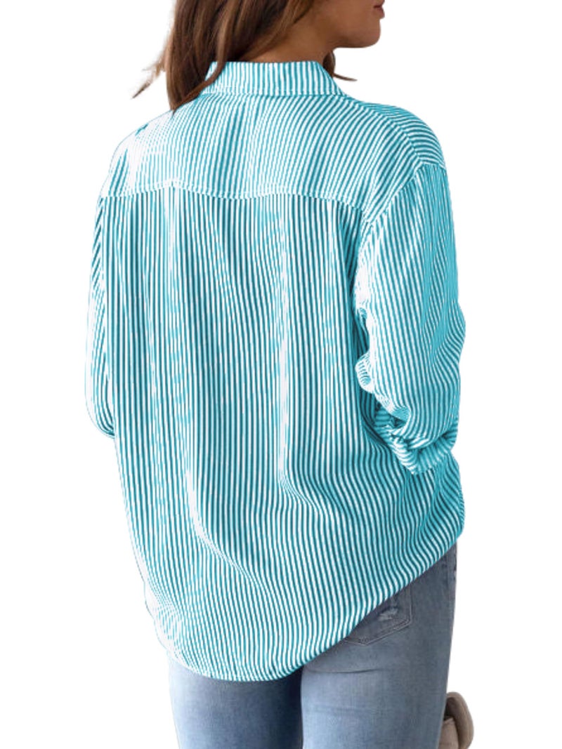 CUNLIN Blue Green Blouse Shirt for Women Striped Shirts Blouses Button Down Cotton Womens Fall Fashion Up Long Sleeve Top Blue Green Size M - Image 2