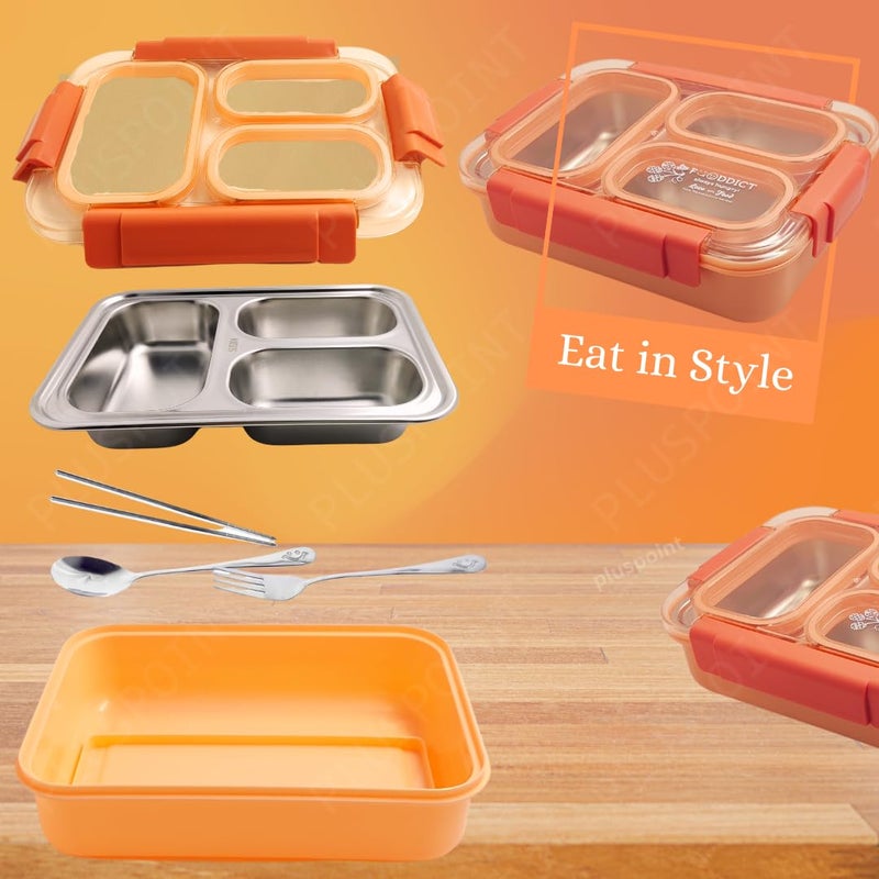 PLUSPOINT Stainless Steel Lunch Box Leak Proof Insulated Air Tight Lunch Box and Portable Utensils, Stainless Steel Lunch Containers, Leak Proof Bento Box for Kids, Adults, Men Women (New Orange) - Image 2