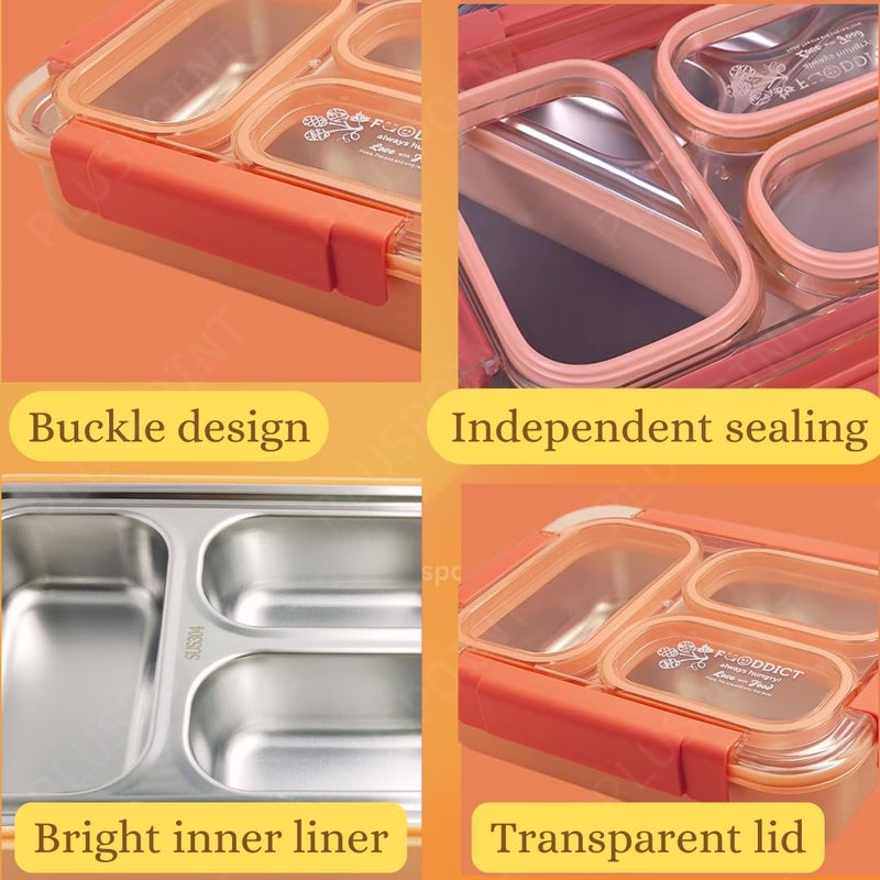 PLUSPOINT Stainless Steel Lunch Box Leak Proof Insulated Air Tight Lunch Box and Portable Utensils, Stainless Steel Lunch Containers, Leak Proof Bento Box for Kids, Adults, Men Women (New Orange) - Image 3