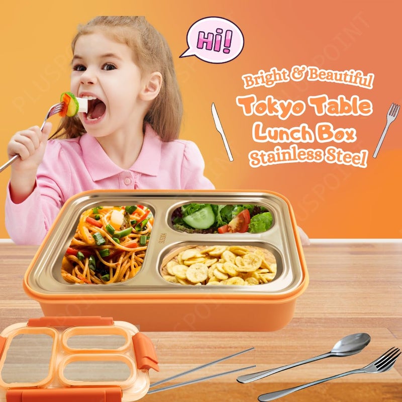 PLUSPOINT Stainless Steel Lunch Box Leak Proof Insulated Air Tight Lunch Box and Portable Utensils, Stainless Steel Lunch Containers, Leak Proof Bento Box for Kids, Adults, Men Women (New Orange) - Image 4