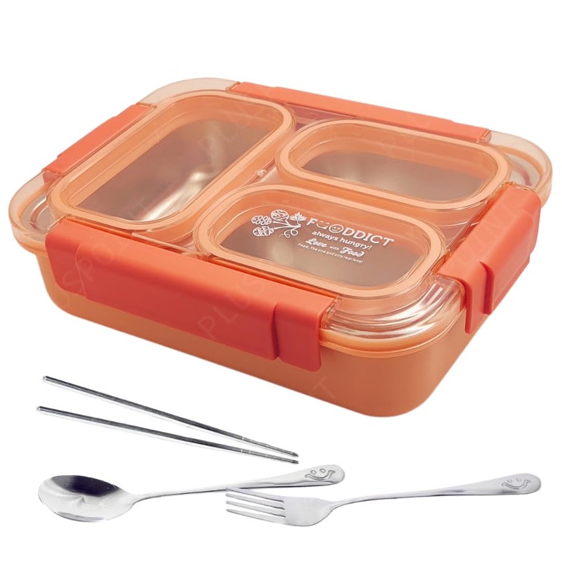 PLUSPOINT Stainless Steel Lunch Box Leak Proof Insulated Air Tight Lunch Box and Portable Utensils, Stainless Steel Lunch Containers, Leak Proof Bento Box for Kids, Adults, Men Women (New Orange) - Image 1