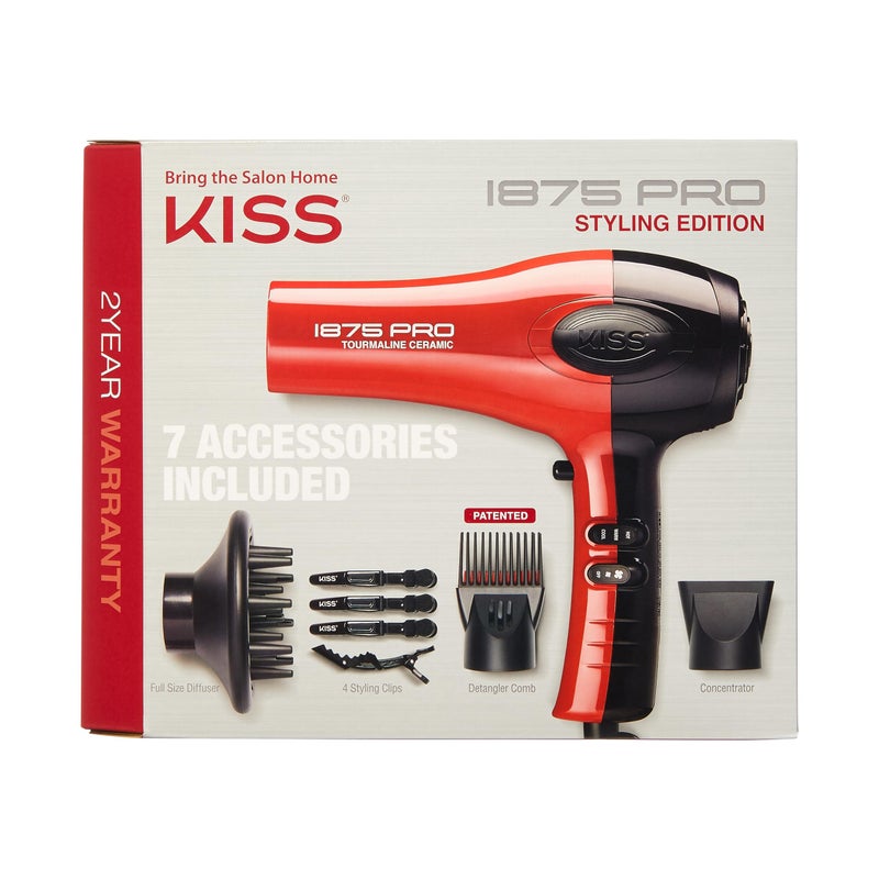 KISS 1875 Watt Pro Tourmaline Ceramic Hair Dryer, Styling Edition, 3 Heat Settings, 2 Speed Settings, Cool Shot Button, 7 Blow Dryer Accessories Included, 2-Year Warranty - Red - Image 1