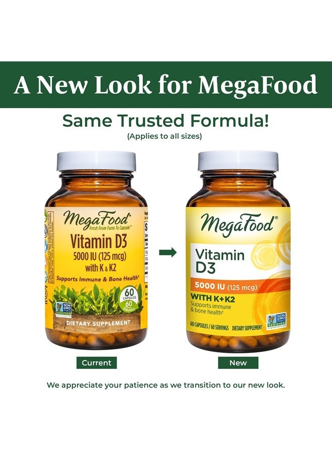 MegaFood - Vitamin D3 5000 IU (125 mcg) - Vegetarian Vitamin D Supplements with Vitamin D3 K2, Supports Bones, Teeth, Muscles & Immune Health, Certified Non-GMO - 60 Mini Capsules, 60 Servings - Image 1