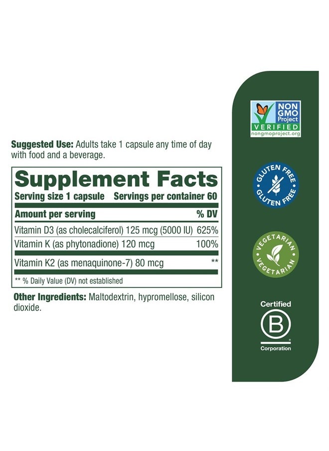 MegaFood - Vitamin D3 5000 IU (125 mcg) - Vegetarian Vitamin D Supplements with Vitamin D3 K2, Supports Bones, Teeth, Muscles & Immune Health, Certified Non-GMO - 60 Mini Capsules, 60 Servings - Image 1