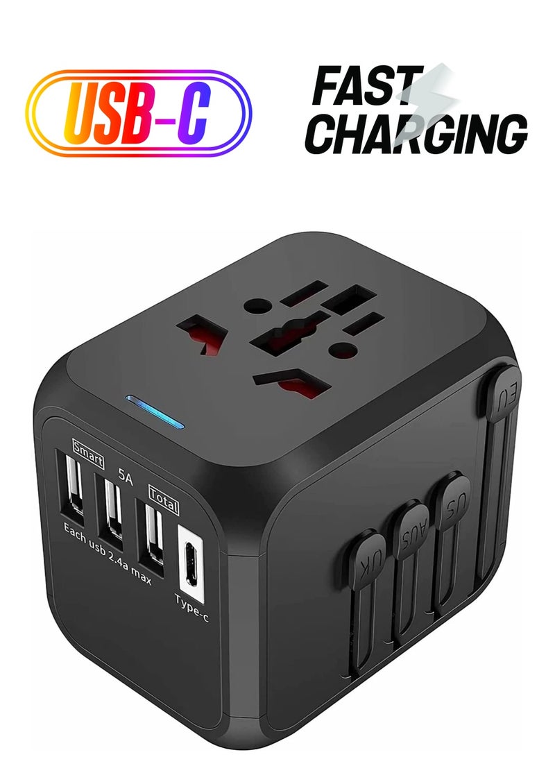 Universal Travel Adapter Plug with 3 USB & 1 Type-C Port,Fast Wall Plug Adapter Socket with UK/EU/AU/US Plugs,Multiport Charger Plug Converter - Image 1