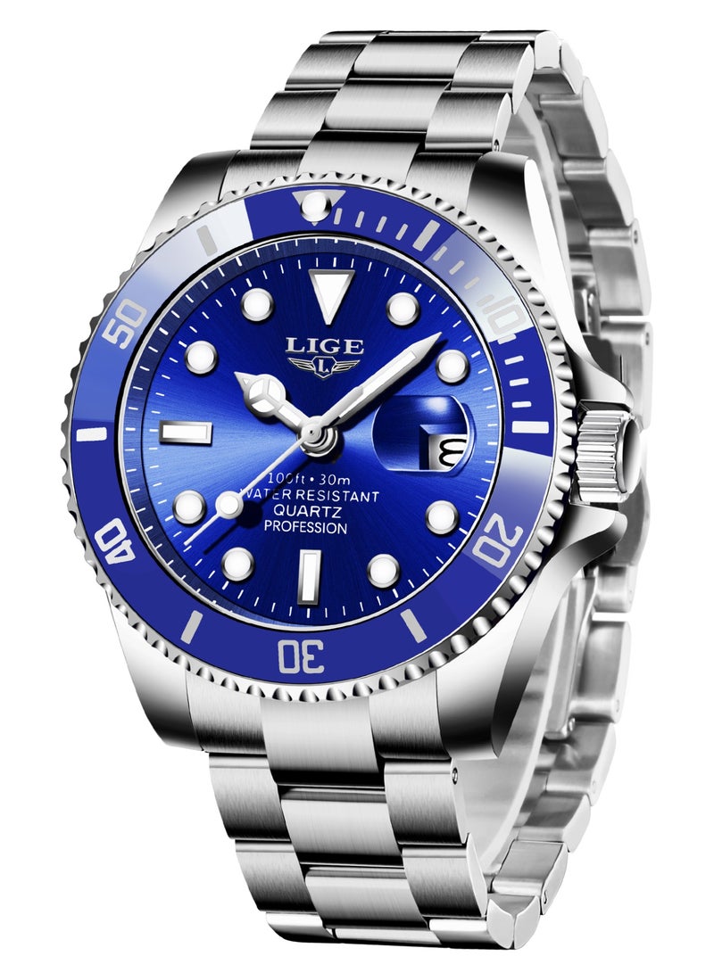 LIGE Men's Waterproof Alloy Case Stylish Steel Strap Analog Calendar Quartz Watches Blue - Image 1