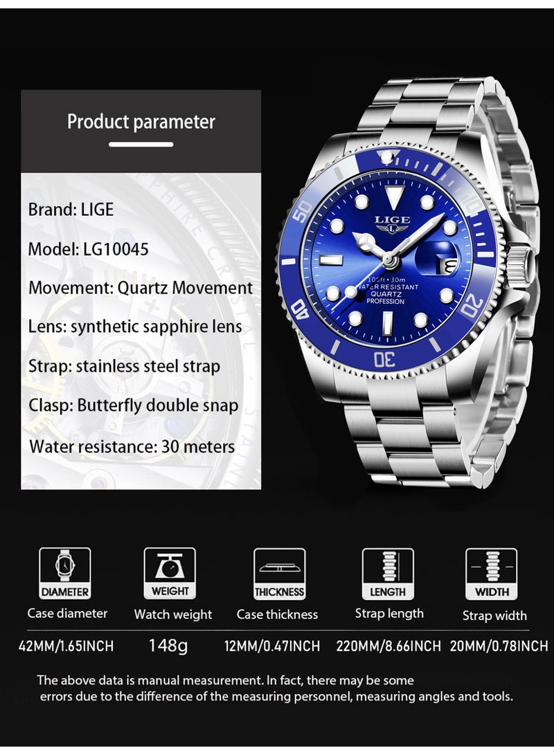 LIGE Men's Waterproof Alloy Case Stylish Steel Strap Analog Calendar Quartz Watches Blue - Image 3